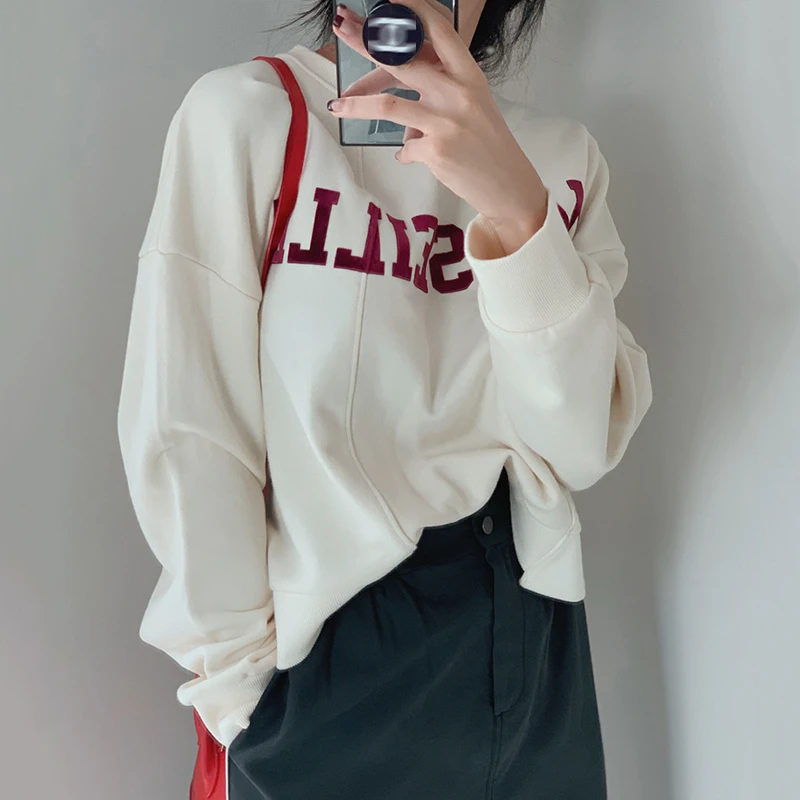 Women Korean Kawaii Patchwork Chic Short Sweatshirts Tops Casual Loose Vintage Letter Print Round Neck Pullover Female Ulzzang