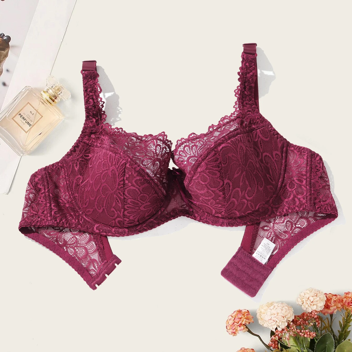 Women's Bra Plain Floral Lace Bra Plus Size Bra with Wire no Foam Full Cup BEAUWEAR