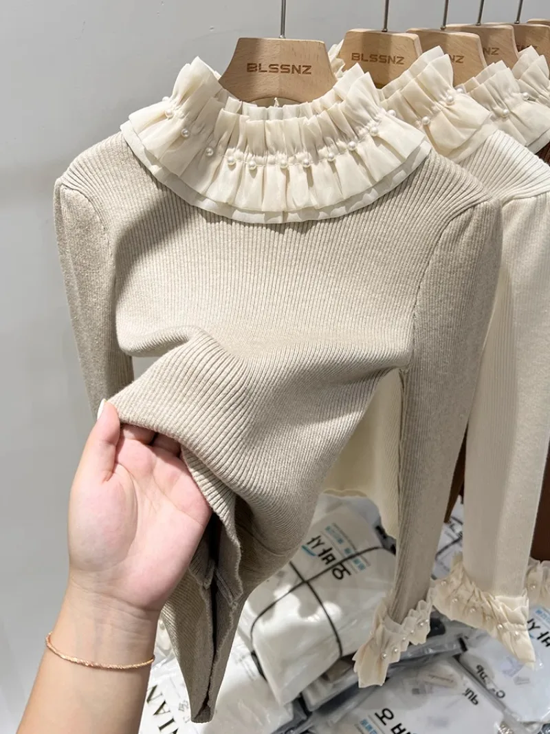 

japan style Sweet Pearls Beaded Knitted Sweater Tops Fashion Women Ruffled Collar Flare Sleeve Knitwear Pullovers 2024 spring