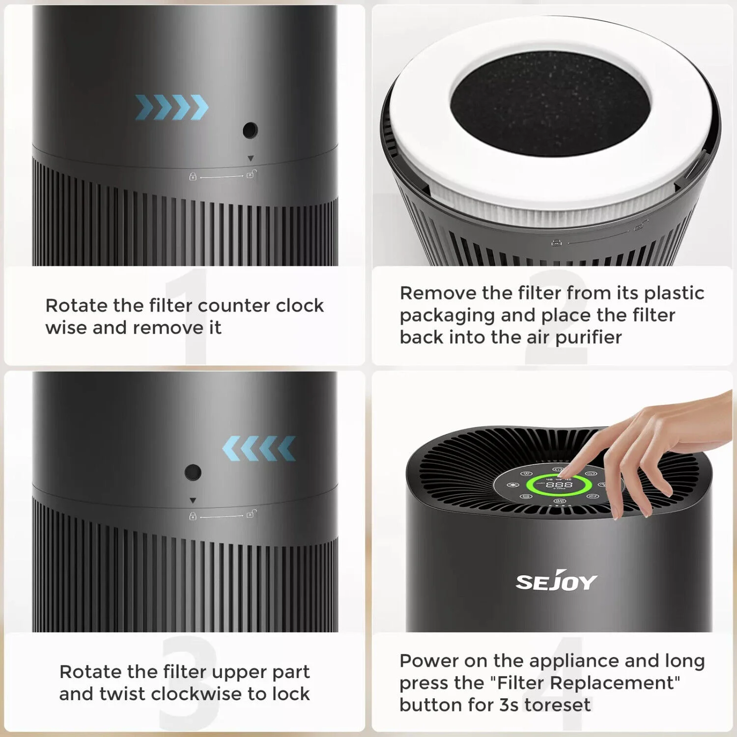SEJOY HEPA Air Purifier Air Fresh 3 Speed for Home Allergies Dust Pollen CARB Approved Real-Time Air Quality Monitor 6