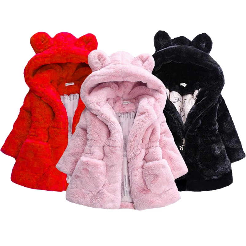 2021 Winter Plush Imitation Fur Girls Jacket Keeping Warm Hooded Outerwear For Kids 1-8 Years Christmas Present Children Coat stylish jacket