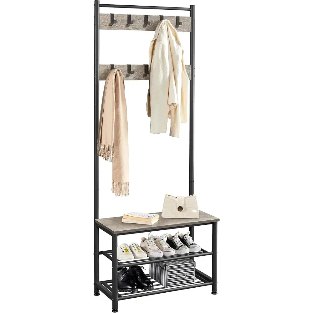 3-In-1 Hall Tree Coat Rack with Shoe Storage Bench,Coat Rack Shoe Bench with 9 Movable Hooks,with Metal Frame,Easy Assembly,Gray