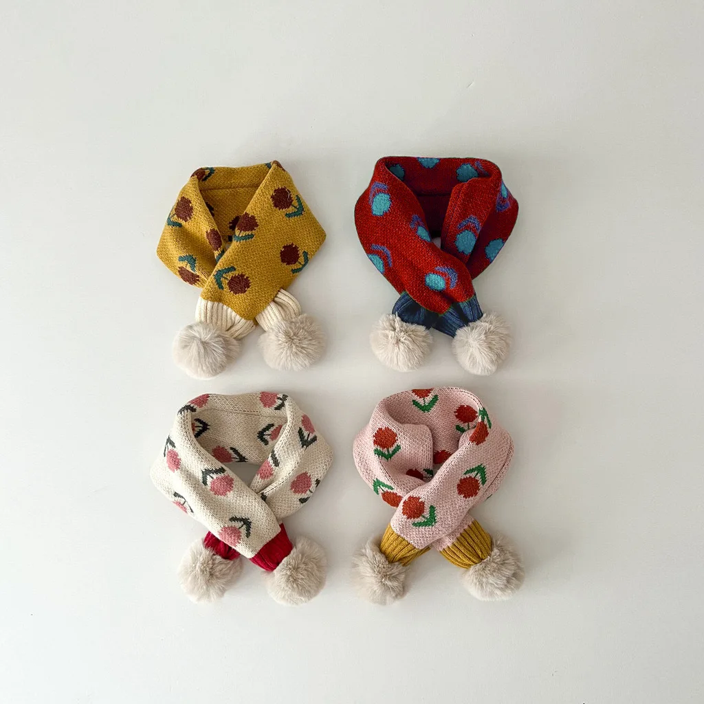 3-14 Years Korean Style Children's Scarf Winter Fashion Ins Cute Little Flower Knitted Warm Baby Girls Scarfs