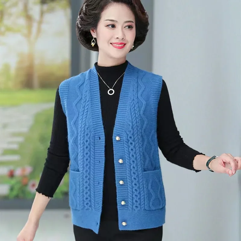 

Middle-Aged Elderly Mother Vest Women Autumn V Neck Knitting Cardigan Tops Casual Sleeveless Solid Color Waistcoat Female V329