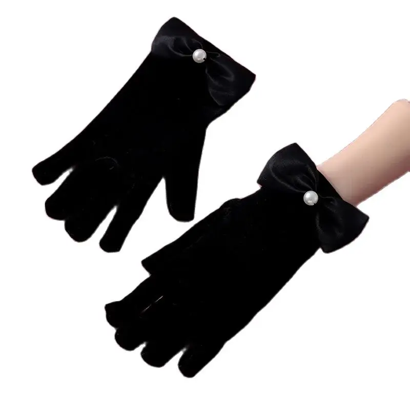 Wedding Bridal Gloves Full Of Noble Style Retro Ladies' Black/Wine Suede Beaded Bow Bridal Gloves