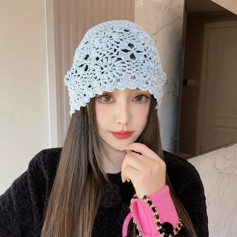 Handmade Crochet Hollow Head Japan Knit Cap Spring Summer Retro Casual Turban Fashion Melon Mesh Hat Pullover Hat Breathable 5