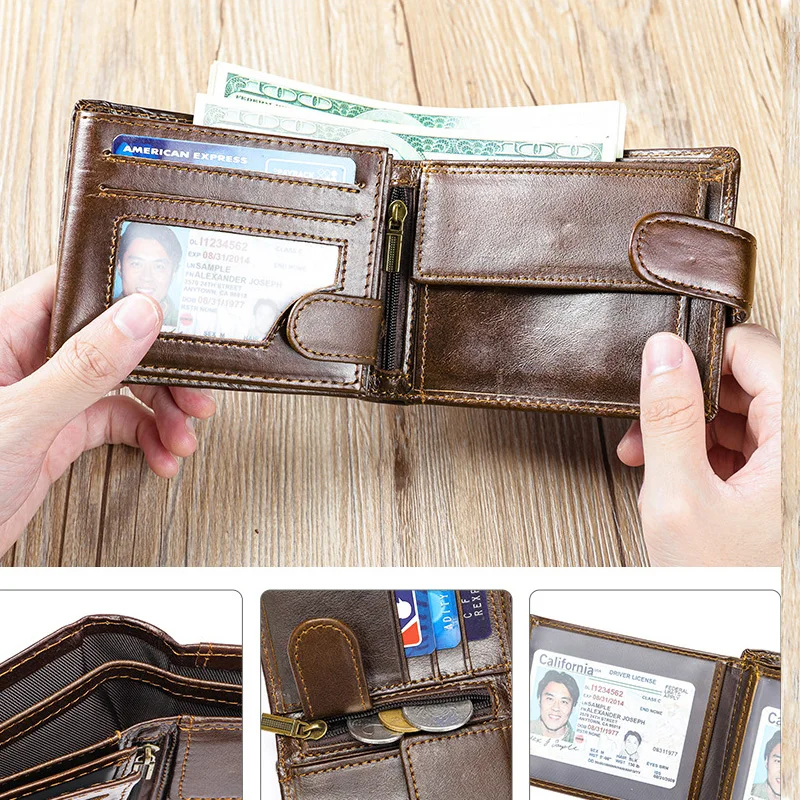 Top Hasp Leather  Mens Wallet with Coin Pocket First Layer Cowhide Leather 4
