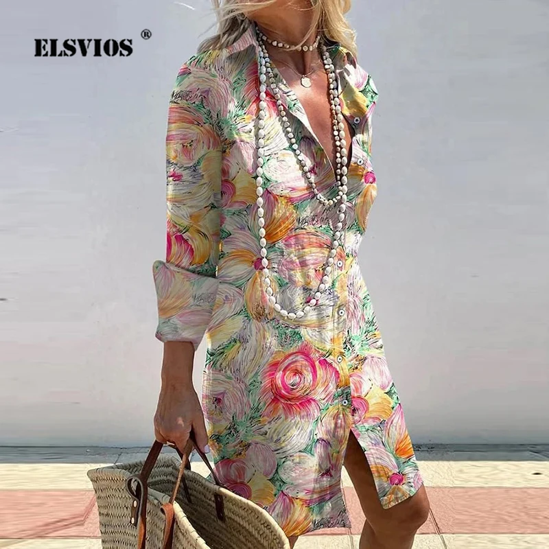 

2024 Spring And Summer New Women V-neck Shirt Dress Digital Flower Stripe Printing Short Dress Long Sleeve Casual Female Dresses