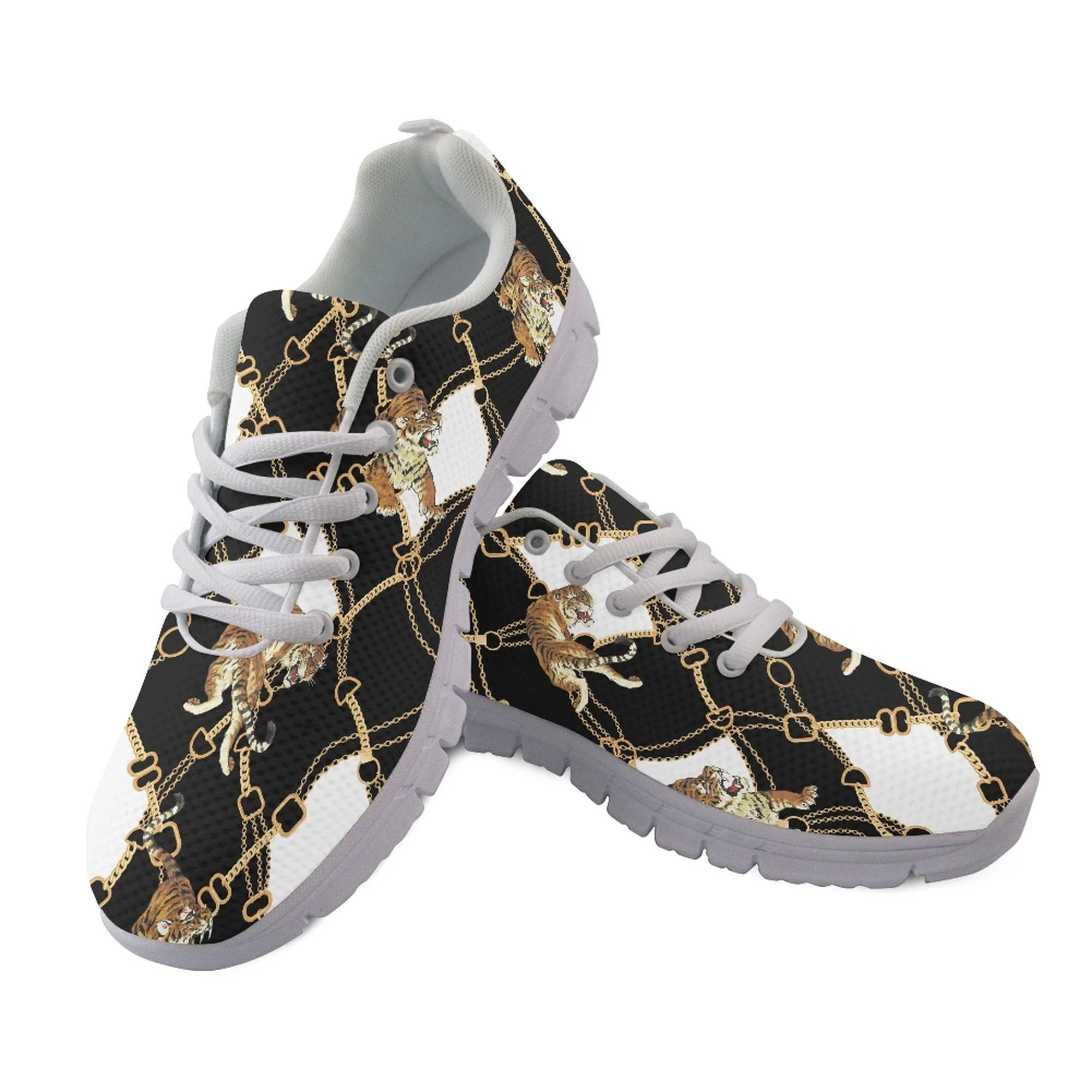 Yikeluo Men Baroque Chain Tiger Print Casual Sneakers Breathable Sport Flat Shoes for men Lightweight Lace Up Footwear Zapatos