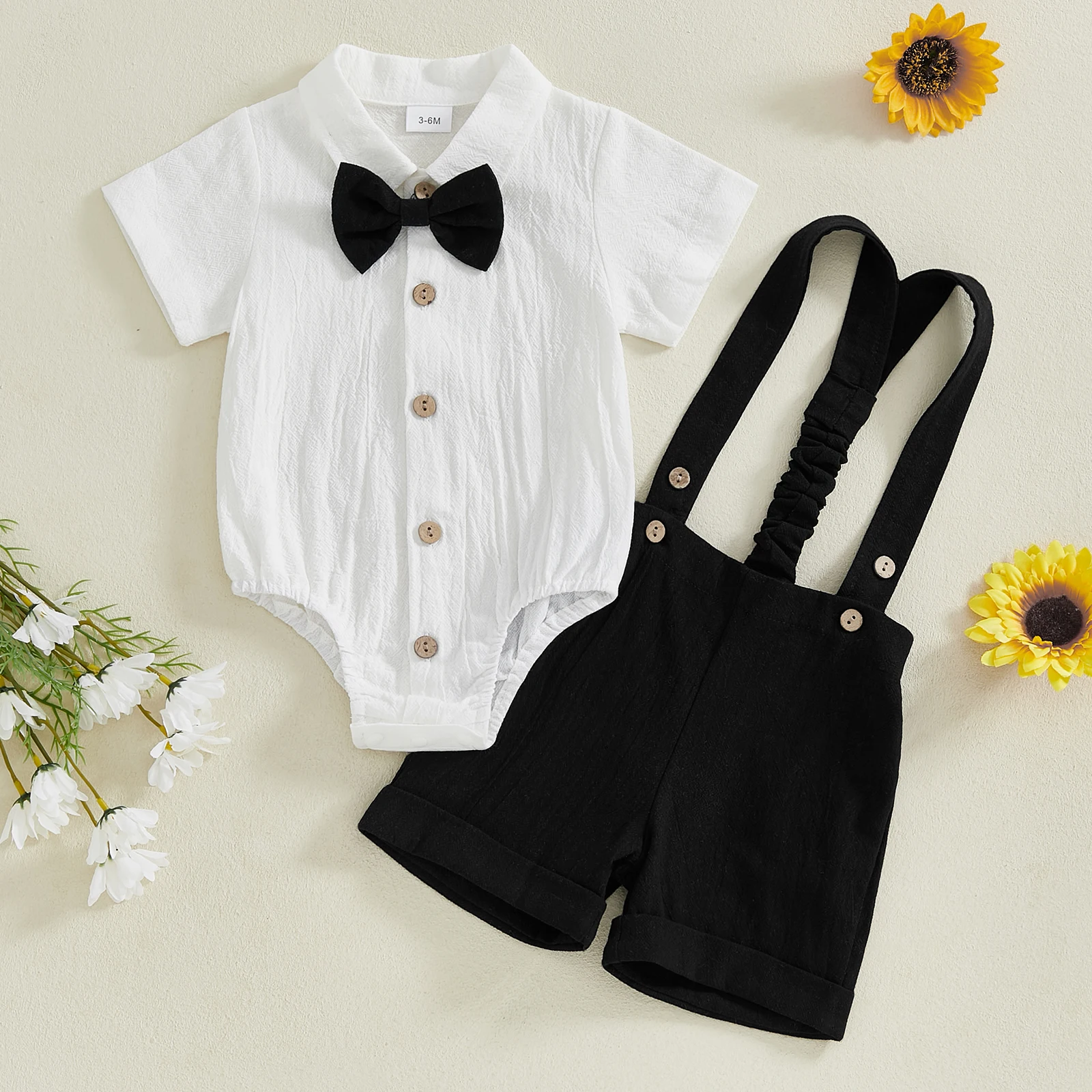 BeQeuewll 2PCS Summer Baby Gentleman Clothes for Boys Short Sleeve Lapel Neck Romper with Suspender Shorts Bowtie Newborn Suits 4
