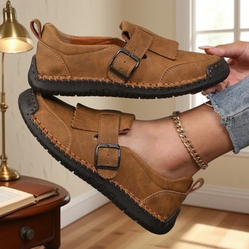 حذاء نسائي مسطح أنيق كلاسيكي بمقدمة مستديرة حذاء بدون كعب عصري جديد قابل للتنفس وغير قابل للانزلاق حذاء قيادة جلدي متعدد الاستخدامات مصنوع يدويًا 2