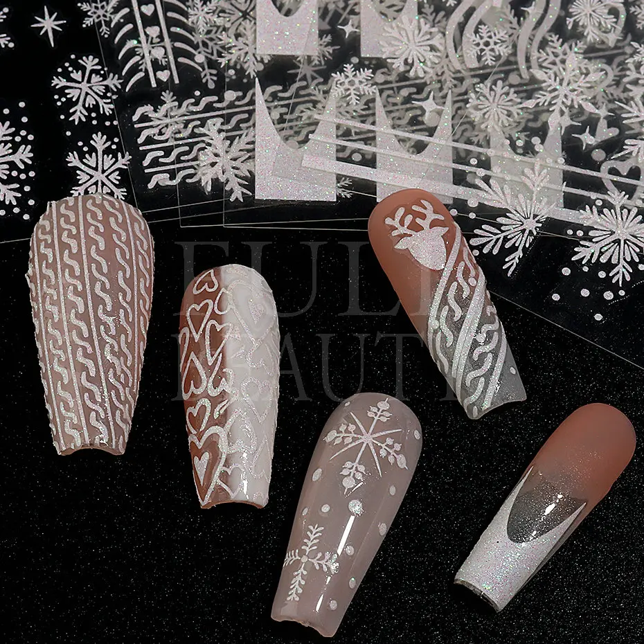 Glitter Christmas 3D Nails Stickers Snowflakes Xmas Elk Winter Snow Sliders Shiny Powder Design Heart French Nail Decals LS-J21 5