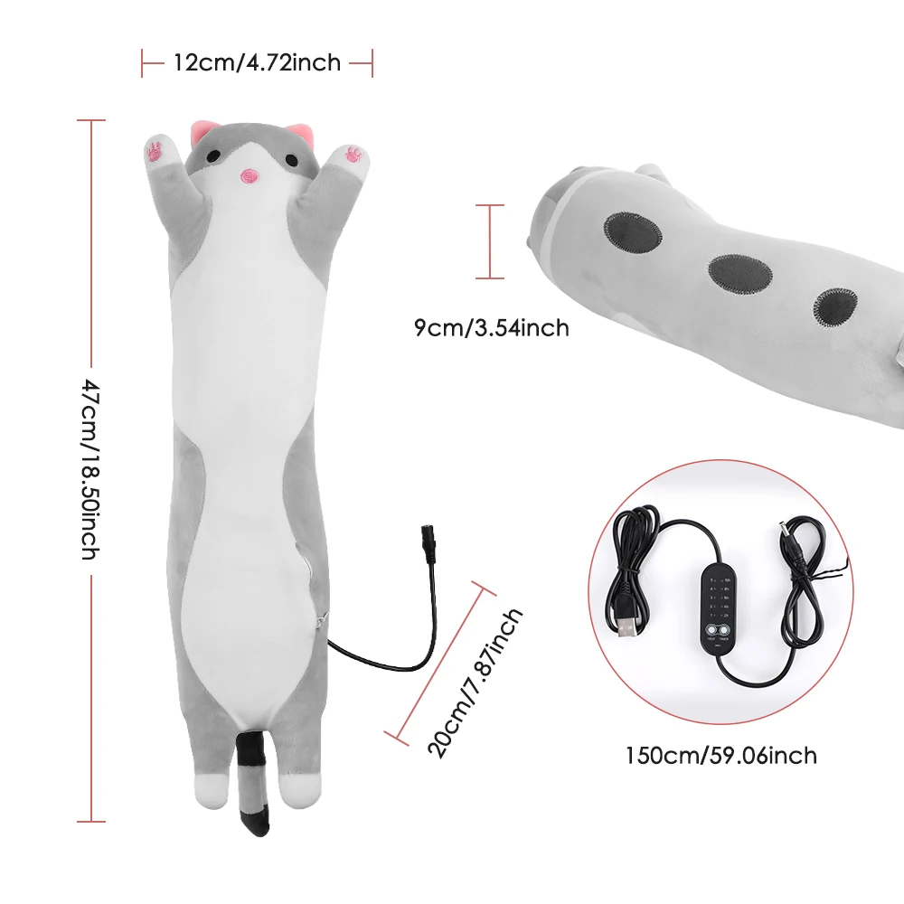 USB Heated Cat Shaped Plush Pillow 5-Level Heating Cute Animal Throwing Cushion for Back Neck Shoulder Warmth