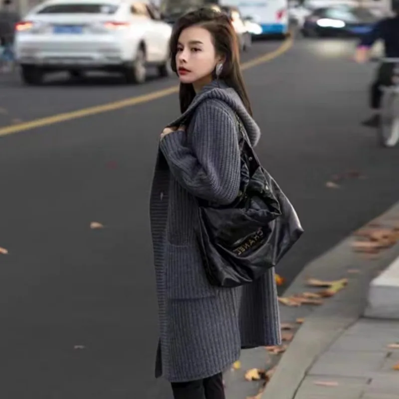 Autumn and Winter New Women's Hooded Cardigan Long-sleeved Sweater Casual Loose Medium and Long Solid Color Knitwear Jacket
