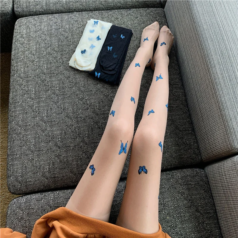 HELLORSO Nylon Tights Women Velet Bodysuits Sexy Black Thin Butterfly Print  Pantyhosee Stockings at  Women's Clothing store