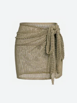 Women's Knitted Short Skirt with Hollow Straps and Slit, Sexy Beach Coverup Shirt for Summer