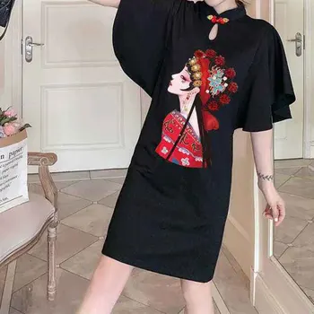 우아한 패션 하라주쿠 슬림핏 여성 의류, 루즈 캐주얼 올 매치 이브닝 원피스 프린트 반팔 중국 스타일 드레스