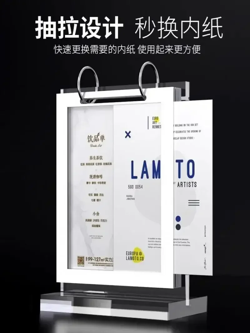 Transparent Stand Vertical Two-sided Promotion Loose-leaf Sign Display Turning Menu Type Tabletop Advertising Page Acrylic