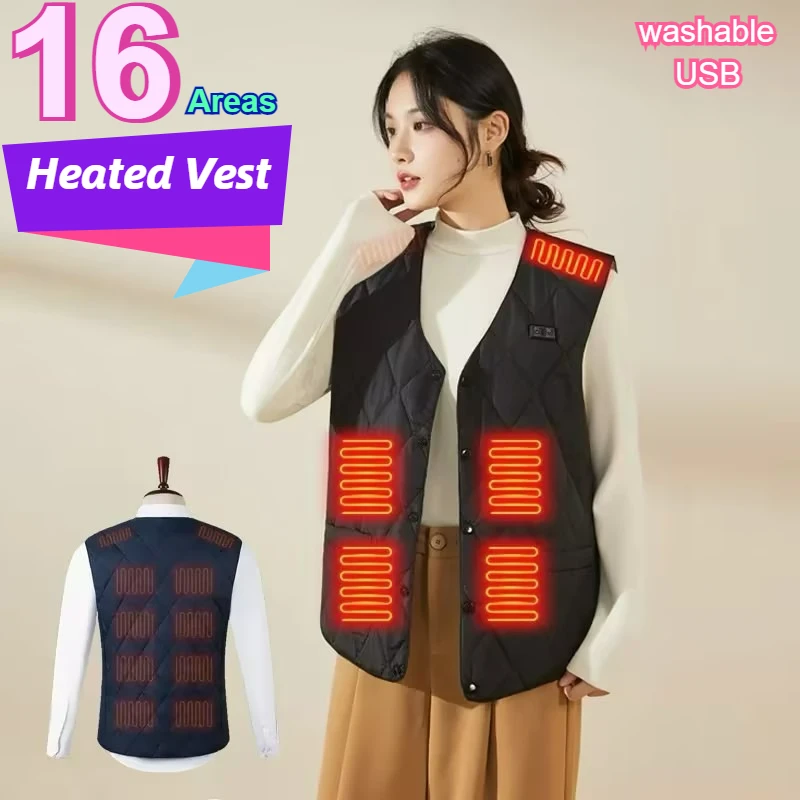 Winter 16 Zone Thermal Vest Smart USB Heated Vest Sleeveless Heating Jacket Warmth Safety Suitable Men Women in Sports and Hiki