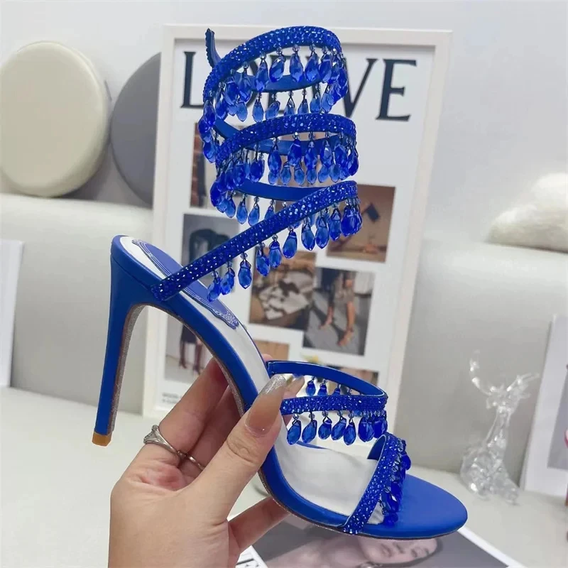 

High Heels Sandals Women Rhinestone String Bead Ankle Strap Snake Twine Around Wedding Crystal Gladiator Nightclub Banquet Party