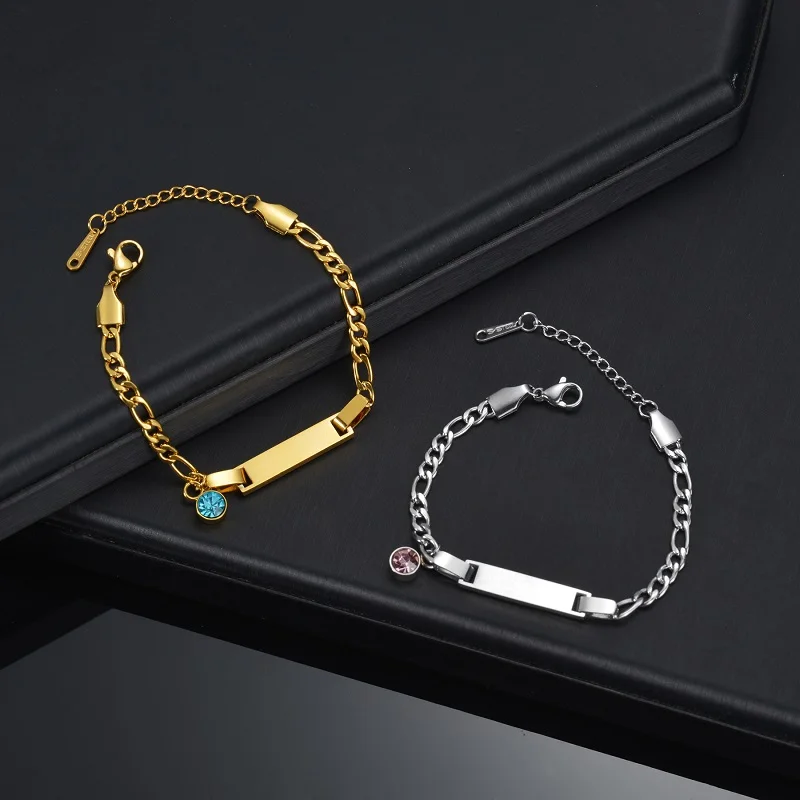 Custom Engraved Date Name Baby Chain Bracelet 12 Colors Birthstone Stainless Steel Children Bracelets Kid Personalized Jewelry