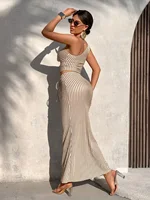 Ladies Casual Stripe Shoulder Pleated Short Top And Pleated Mermaid Skirt Two-Piece Set - Image 2