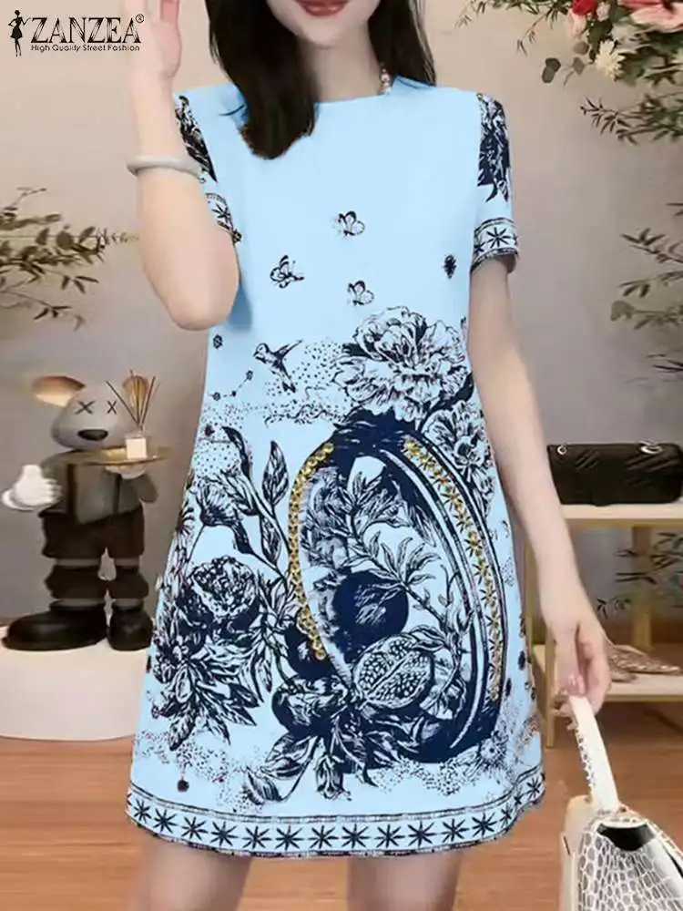 

ZANZEA Women Vintage Printing Mini Dress Retro Short Sleeve Vestidos 2024 Summer Holiday O-neck Short Robe Casual Loose Dresses