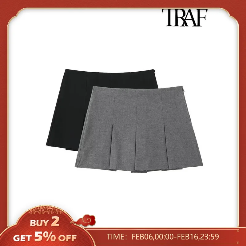 TRAF Falda corta plisada para Mujer, falda Vintage de cintura alta con cremallera lateral, falda femenina