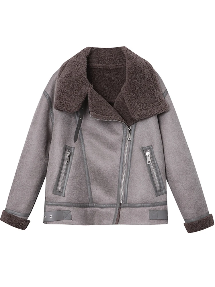 

Fitaylor New Autumn Winter Fashion Thick Warm Moto Biker PU Coat Women Streetwear Vintage Lapel Faux Leather Lamb Fur Jacket