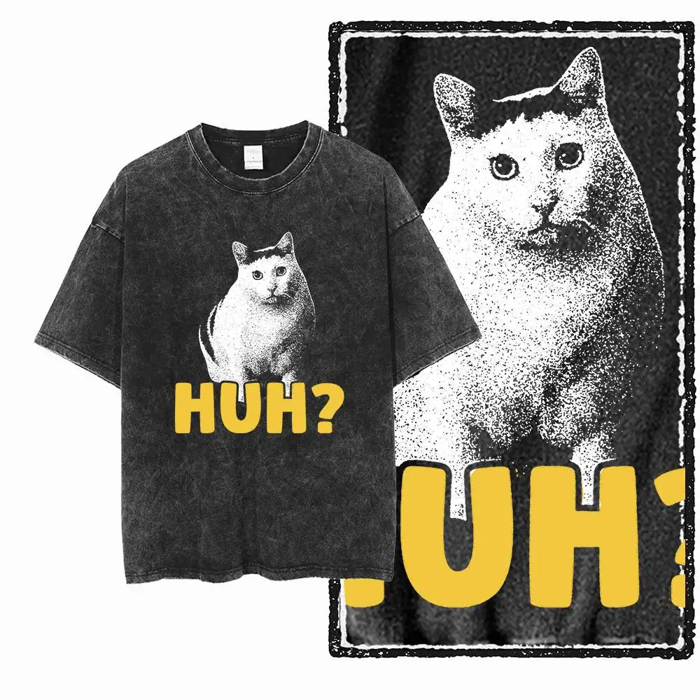 Gewaschenes Distressed-Baumwoll-T-Shirt für Herren mit Huh-Katzen-Print in Übergröße, Einzigartiges Herren-T-Shirt mit "HUH?"-Aufdruck Meme Confused Cat Grafikdruck Humor Tees G80