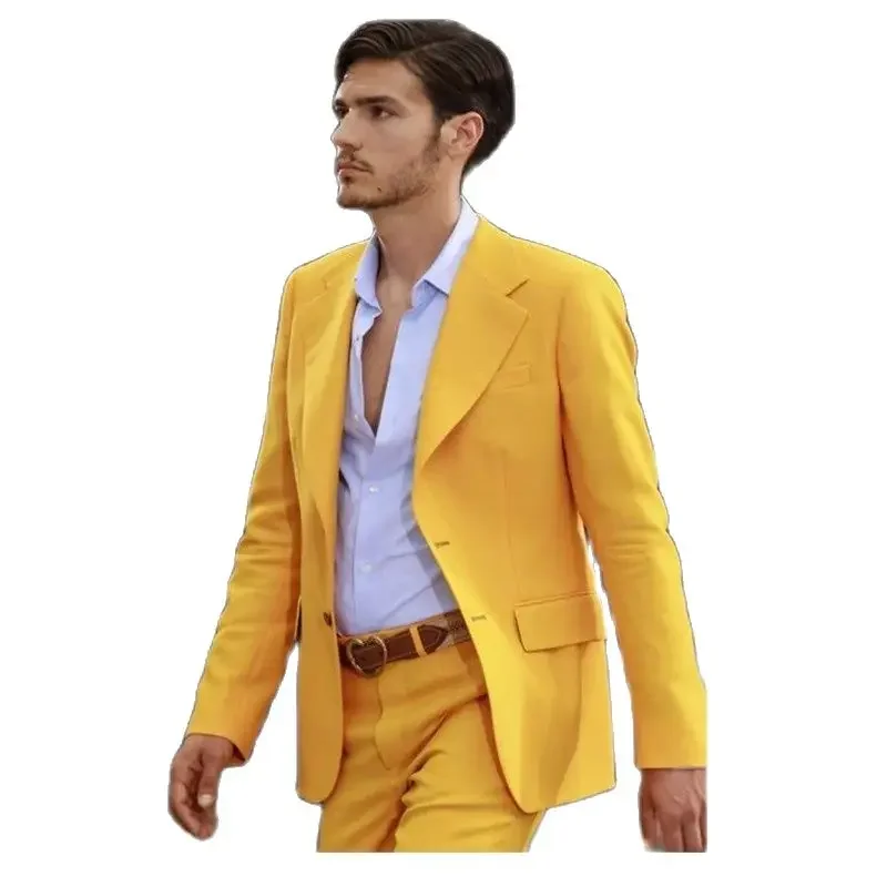 Fashion Yellow Wedding Groom Tuxedo Men Suits Smart Casual Slim Fit Blazer Hombre High Street Custom 2 Piece Set Costume Homme