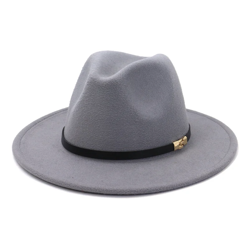 grey fedora hat 2022 New Fedora Hat For Women British Style Black leather belt decoration Felt Hats Imitation Woolen Jazz Hat Chapeau Wholesale trilbies Fedoras