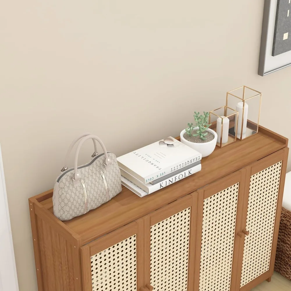 6-Tier Rattan Shoe Cabinet with Doors, 27 Pairs Storage for Entryway Hallway Living Room, Large Capacity Farmhouse Style