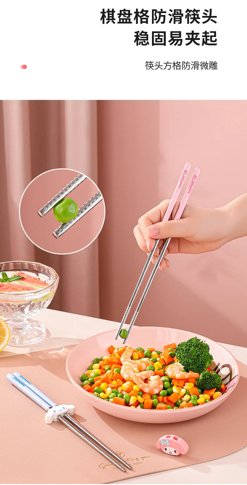 Sanrio Hellokitty Stainless Steel Anti-Moisture Chopsticks Melody Cinnamoroll Chopstick Holder Tableware High Grade Anti-Slip