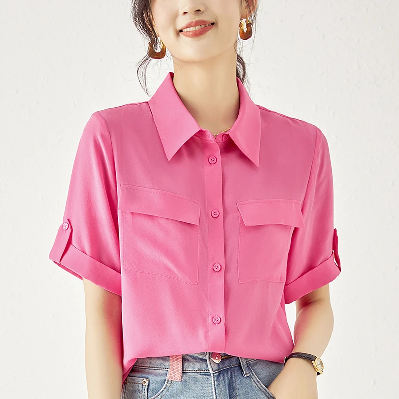 100 Real Silk Women's Blouse 2023 Summer Elegant Turn down Collar Shirts Short Sleeve Blouses