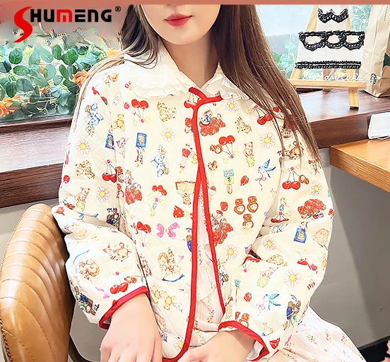 

Cute Cat Strawberry Printed Parka Jacket Woman 2023 Winter New Japanese Style Sweet Thin Long Sleeve Cotton Cardigan Short Coats