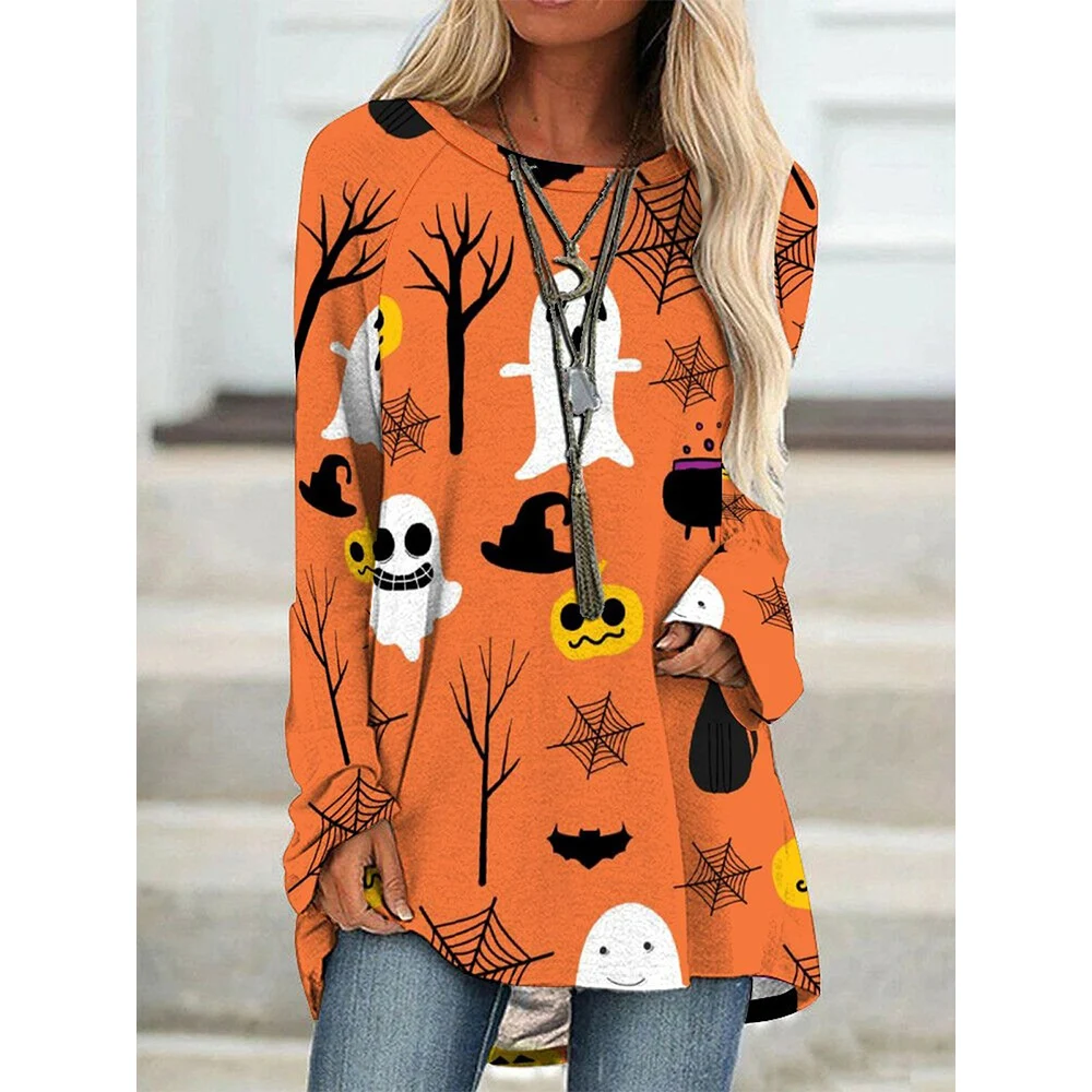 

CLOOCL New Women Long Sleeves Shirts Tree Spider Web Ghost Pumpkin Pattern Print Halloween Lady Gifts Autumn Pullover