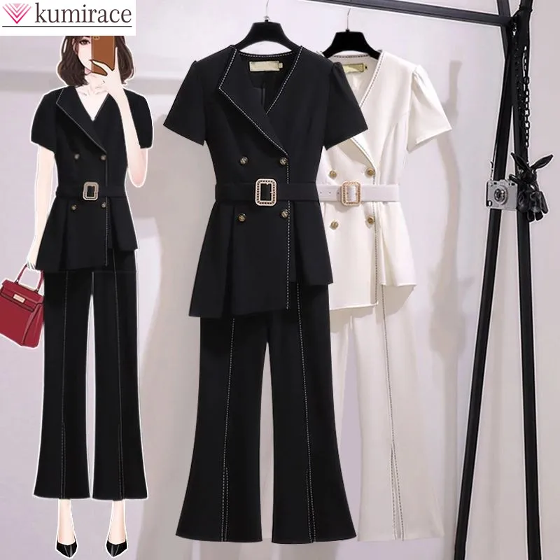 

Plus Size Summer New Casual Suit Belt Decoration Women's Elegant Short Sleeved Top Flare Pants Two Piece Set