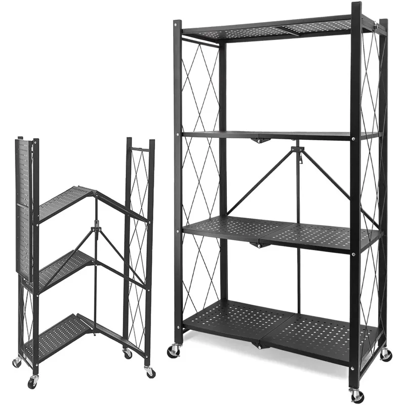 

Vebreda 4-Tier Storage Shelf Foldable Metal Shelving Units with Wheels, Black Kitchen Organizer