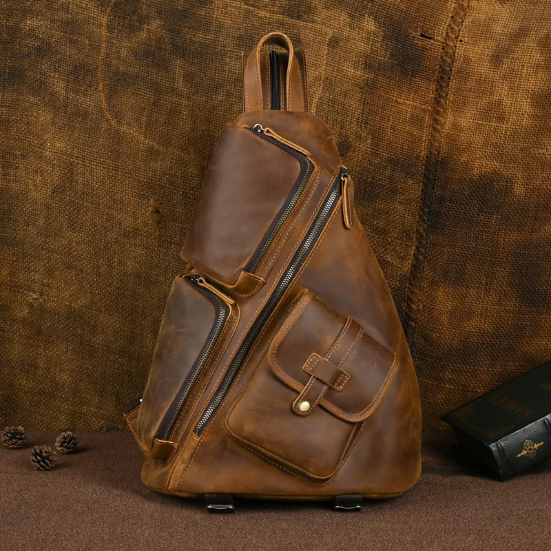 Vintage Crazy Horse Leather Backpack for Men Large Cowhide Rucksack with Multiple Pockets, Retro Travel Bag