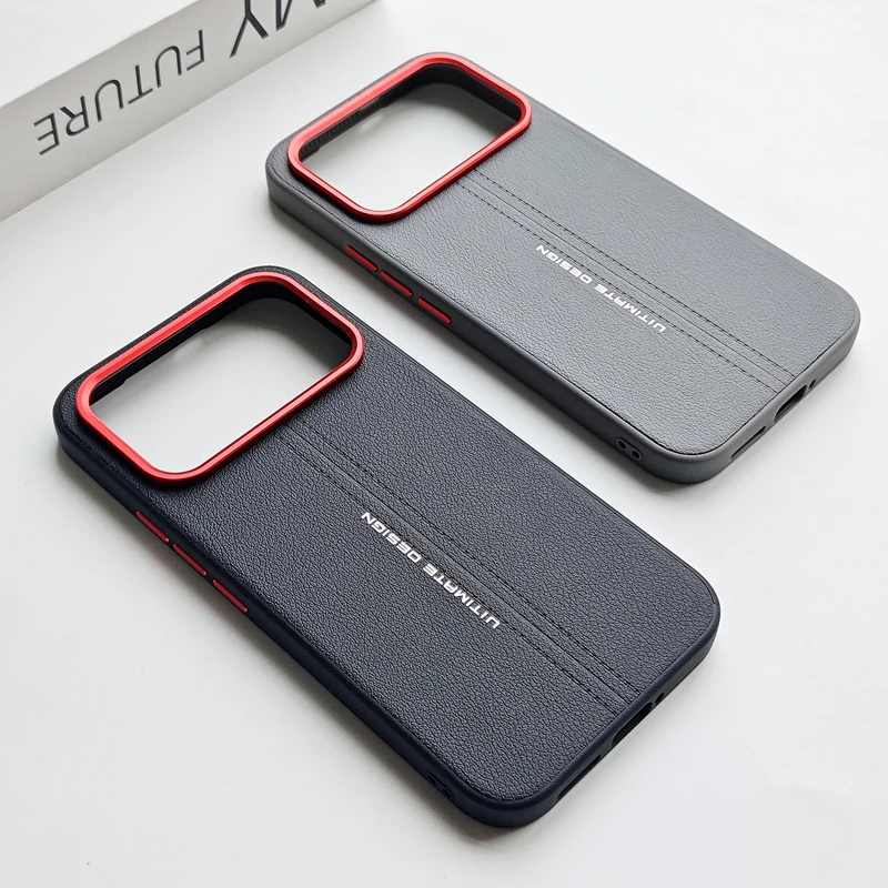 Luxury PU Leather Soft TPU Bumper Minimalist Phone Case with Metal Lens Frame
