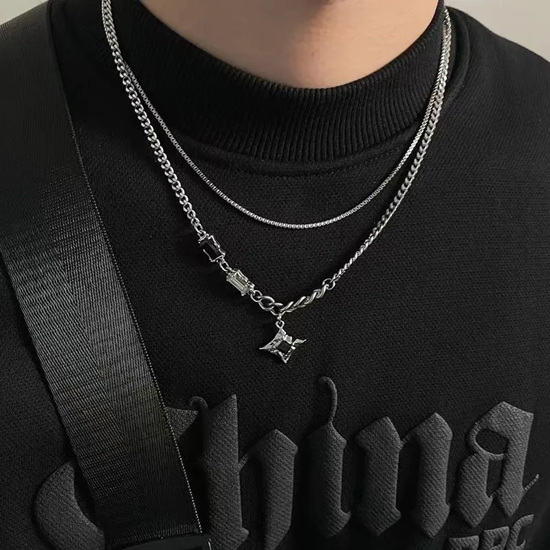 Hip Hop Zircon Star Double Layer Necklace for Men Women Trend Charm Titanium Steel Pendant Chain Unisex Jewelry Gift