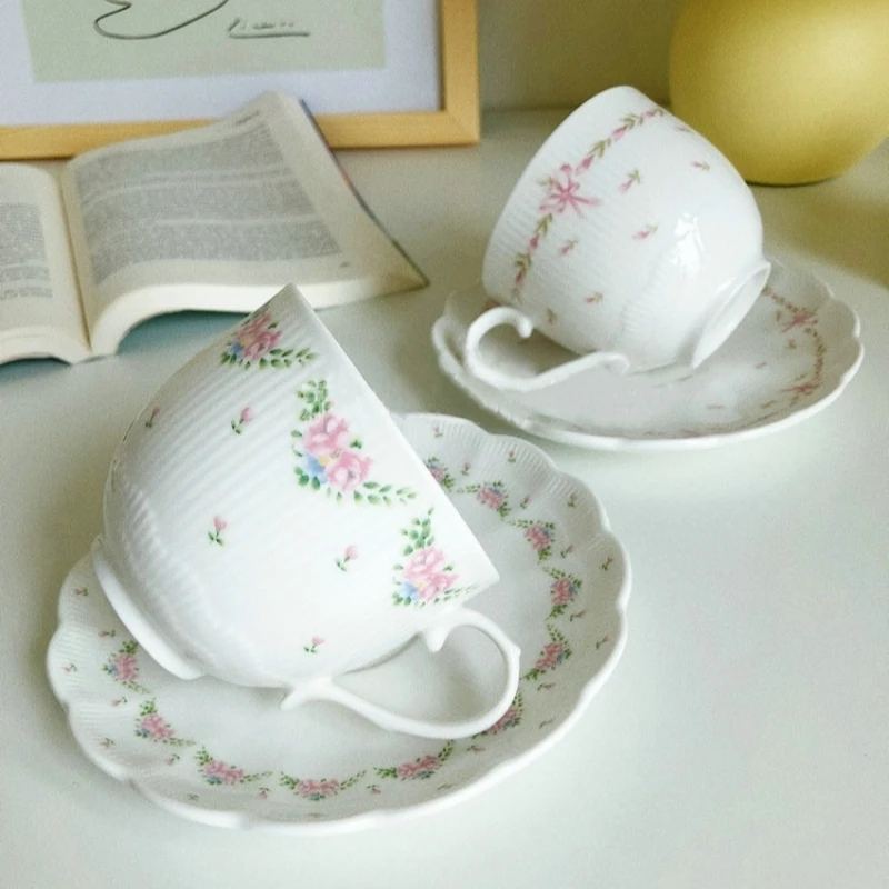 Ceramic Coffee Cup and Saucer Set Handmade Retro Rose Design