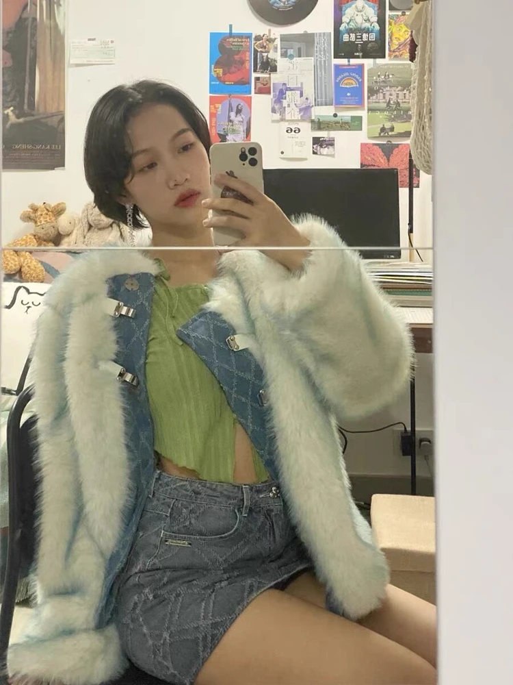 Fashion Denim Stitching Furry Coat Female 2023 Winter New High Neck Warm Long Sleeves Environmental Protection Fox Fur Fur Coat