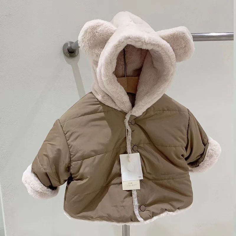 3729D Ins Korean Baby Coat Neutral Thickened Solid Color Coat Winter Warm Hooded Boy's Jacket Girl's Casual Bear