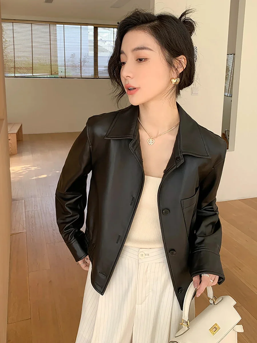 thumbnail image 1 of Chaqueta de piel auténtica negra sencilla para mujer, tendencia primavera otoño 2024, abrigo de piel de oveja auténtica de gama alta con un solo pecho recortado, 1 of 5