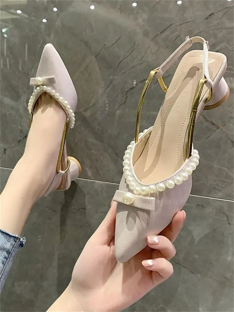 

2023 Women's new fashon Soft-Looking Pearl Chunky Heel Mid Heel Toe Box Pointed Toe Pumps High Heel 2968