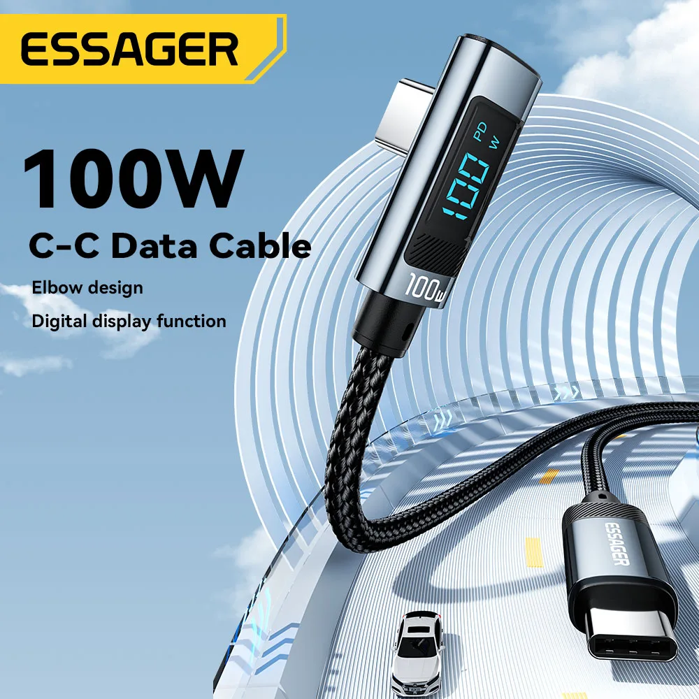 Essager PD100W USB Type C to USB C Cable 5A Fast Charging Cable 90 ° LED Digital Display Cable For Huawei Xiaomi Samsung MacBook