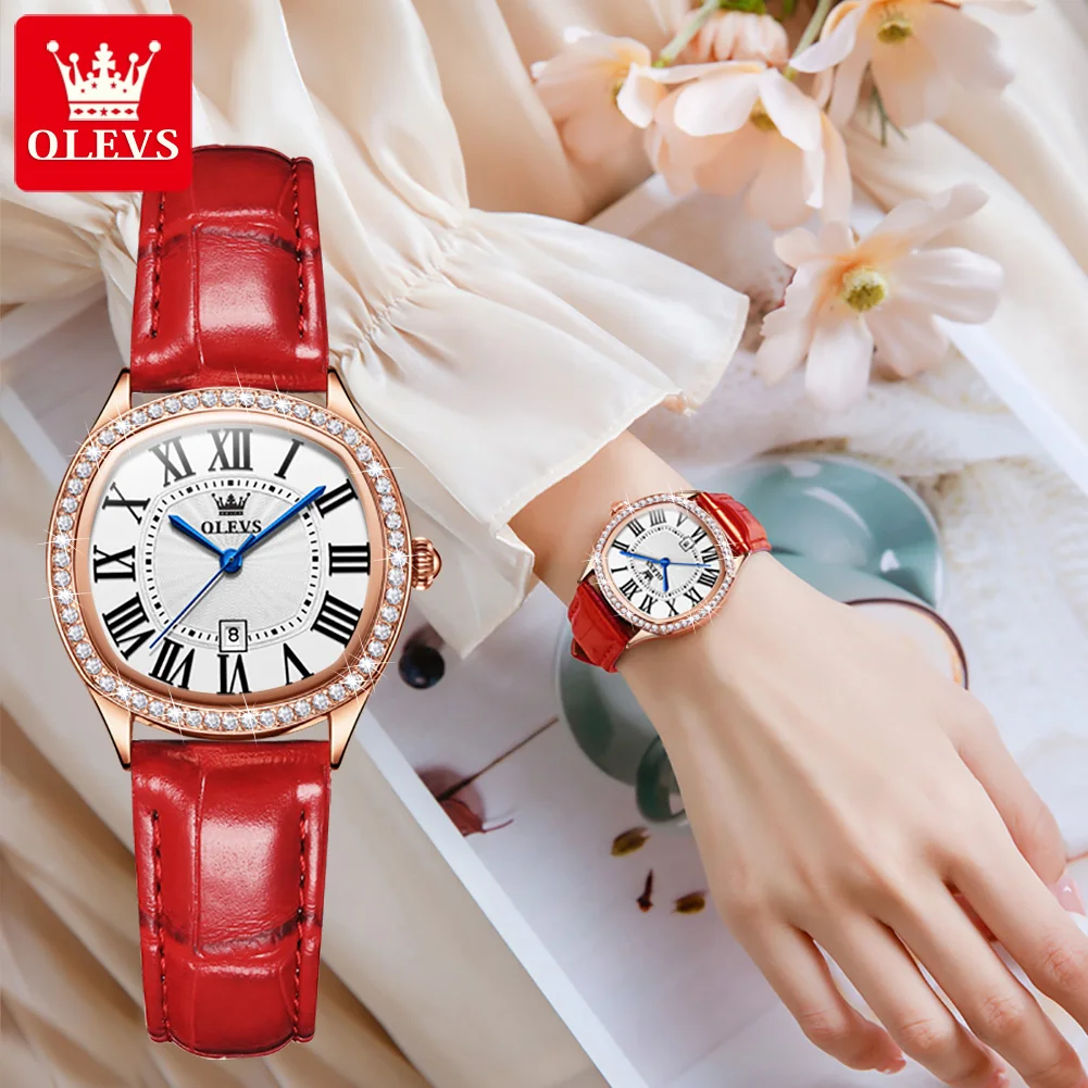 OLEVS Quartz Watch for Women Luxury Roman Dial Leather Strap Waterproof Fashion Ladies Wristwatch Bracelet Gift Set Reloj Mujer