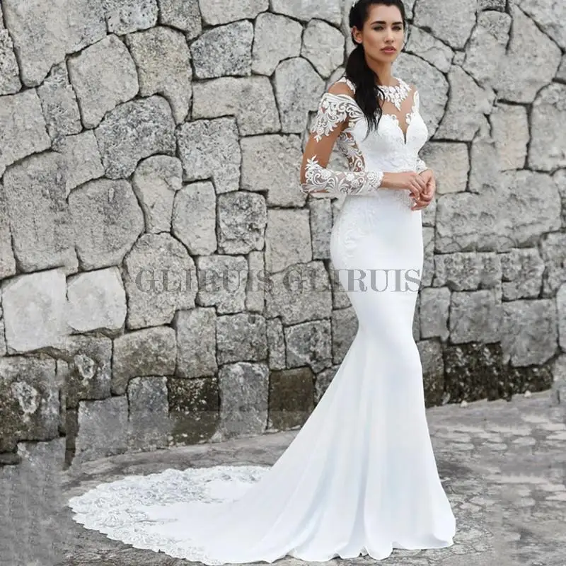 

Scoop Mermaid Wedding Dresses Long Sleeves Illusion Back Buttons Lace Applique Satin Sweep Train Vestido De Noiva